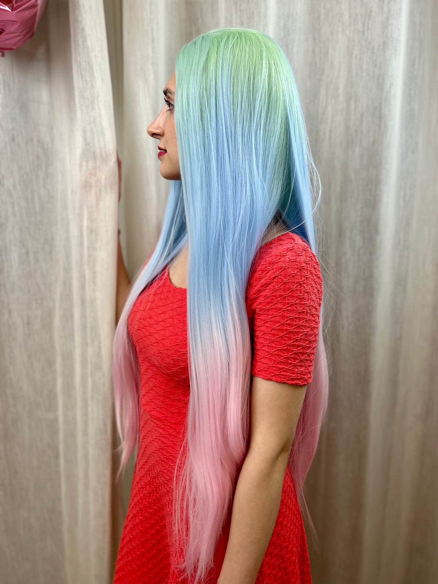 JADE【WA-YHCXZYM7-1001】30inches Frontal Lace Ombre Green Blue Pink Highlight Wig  Straight Synthetic Heat-resistance Daily or Party