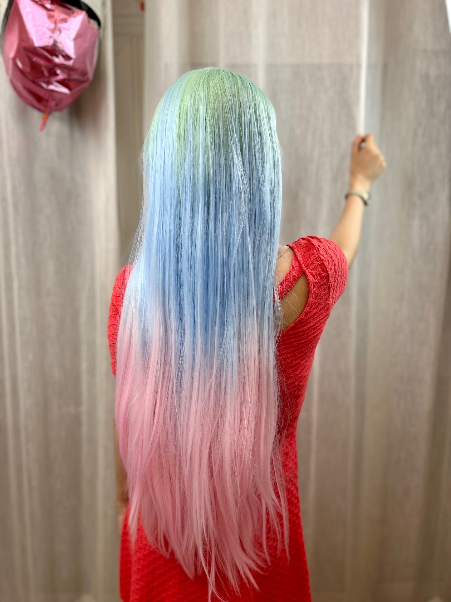 JADE【WA-YHCXZYM7-1001】30inches Frontal Lace Ombre Green Blue Pink Highlight Wig  Straight Synthetic Heat-resistance Daily or Party