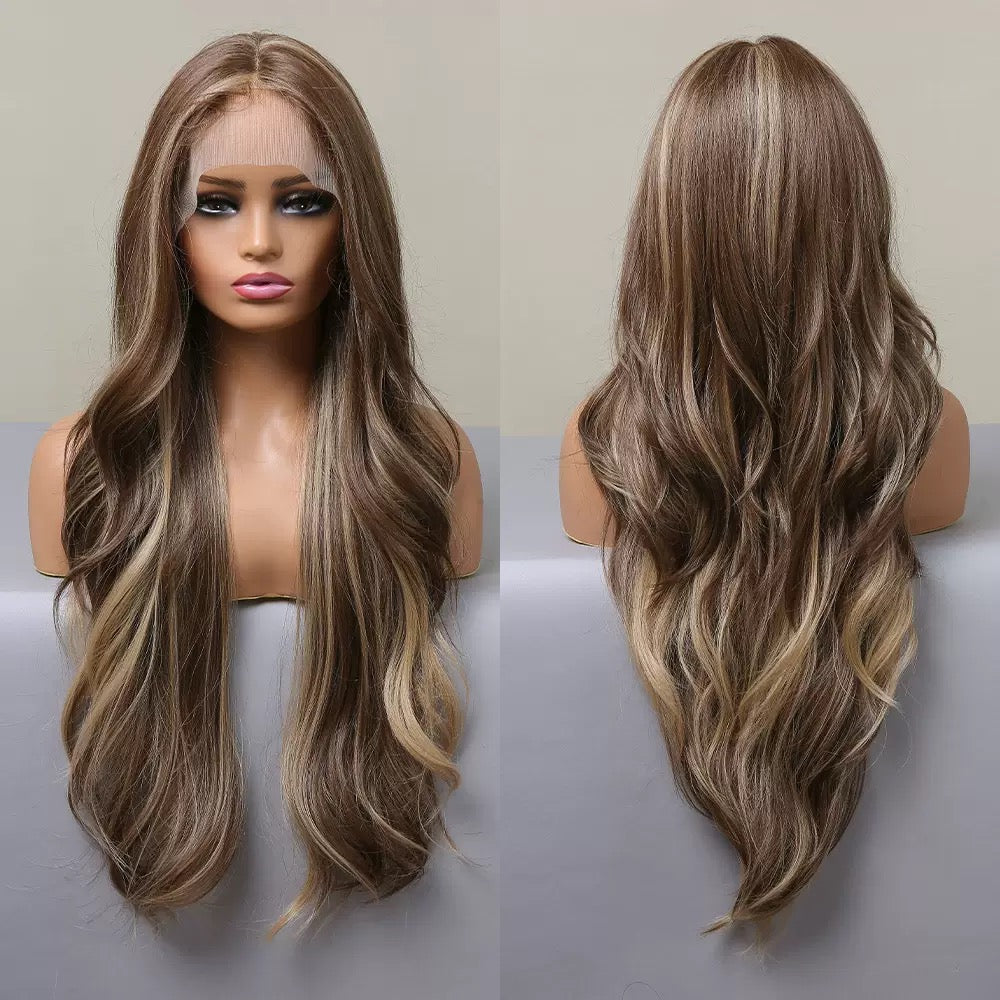 LIGA【WA-YJBL66018-1】28inches T-Part Frontal Lace Honey Brown Highlight  Body Wave Wig  Synthetic Daily or Party