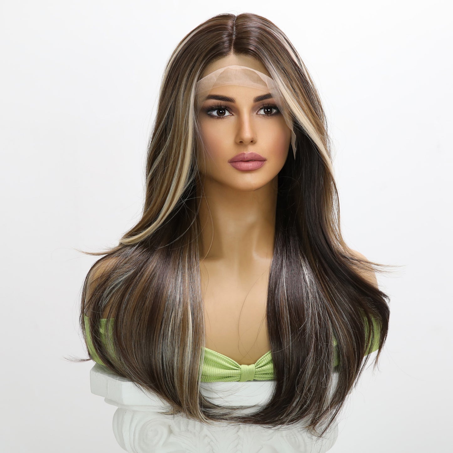 RONNIE 【WA-SM9239】 Hot Sale Ombre  Brown with Blonde Highlight Wavy Wig 22 inches Synthetic Lace Frontal  Daily or Party