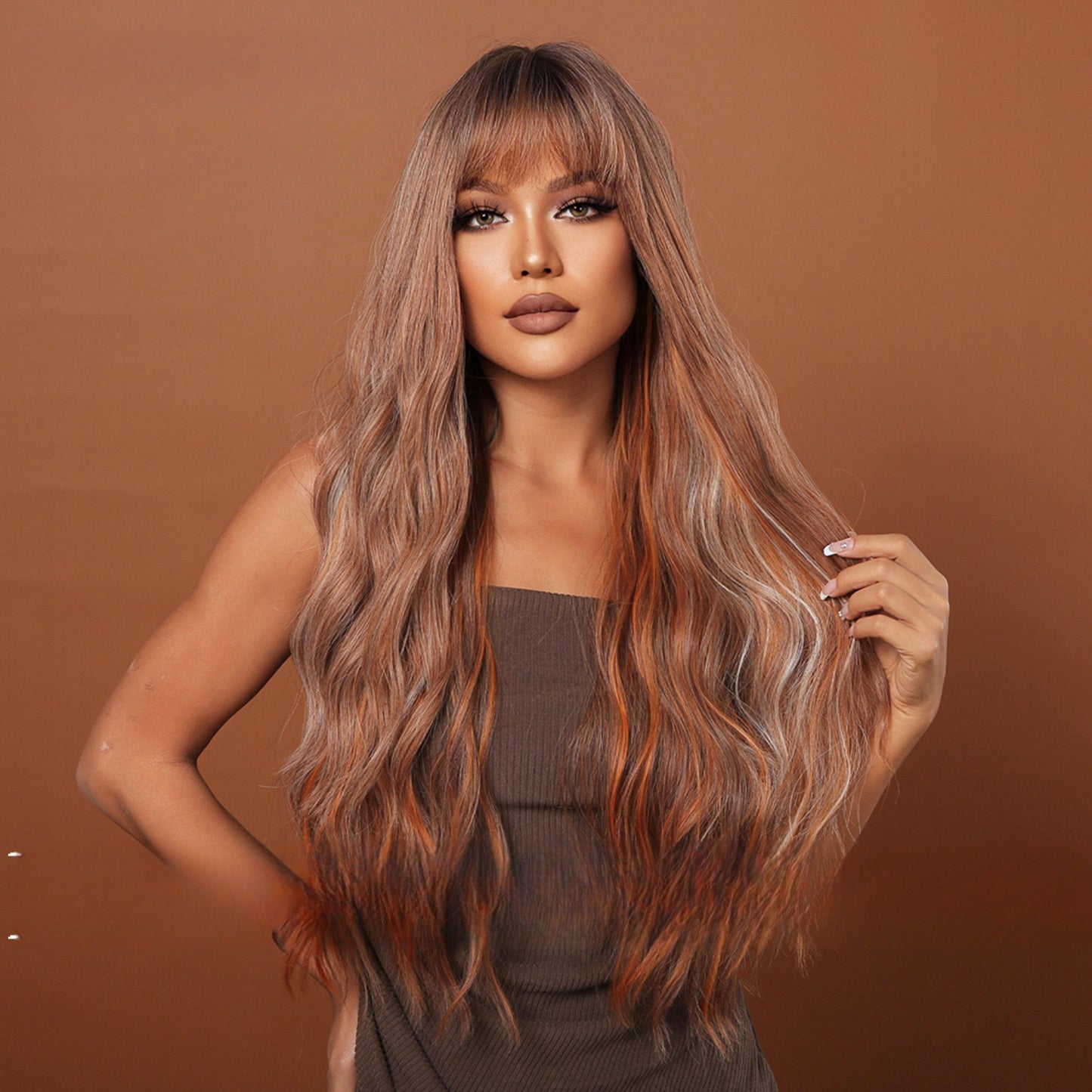 GLENDA 【WA-LALC2059-1】Hot Sale 30inches Body Wave Copper Cowgirl Gradient with Bangs Wig Full Machine Glueless Party Daily