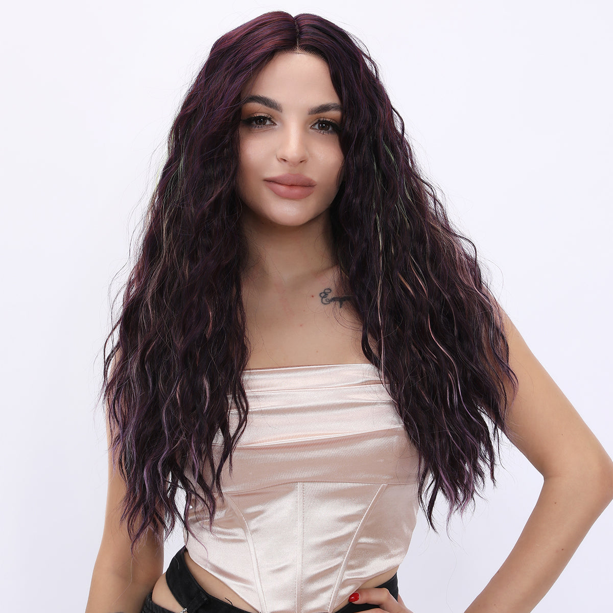 GEORGINA【WA-JLSM9105】 26 inches Lace Front Dark Purple Curly Rainbow Highlight Wig for Women  Highlight Synthetic Glueless for Party