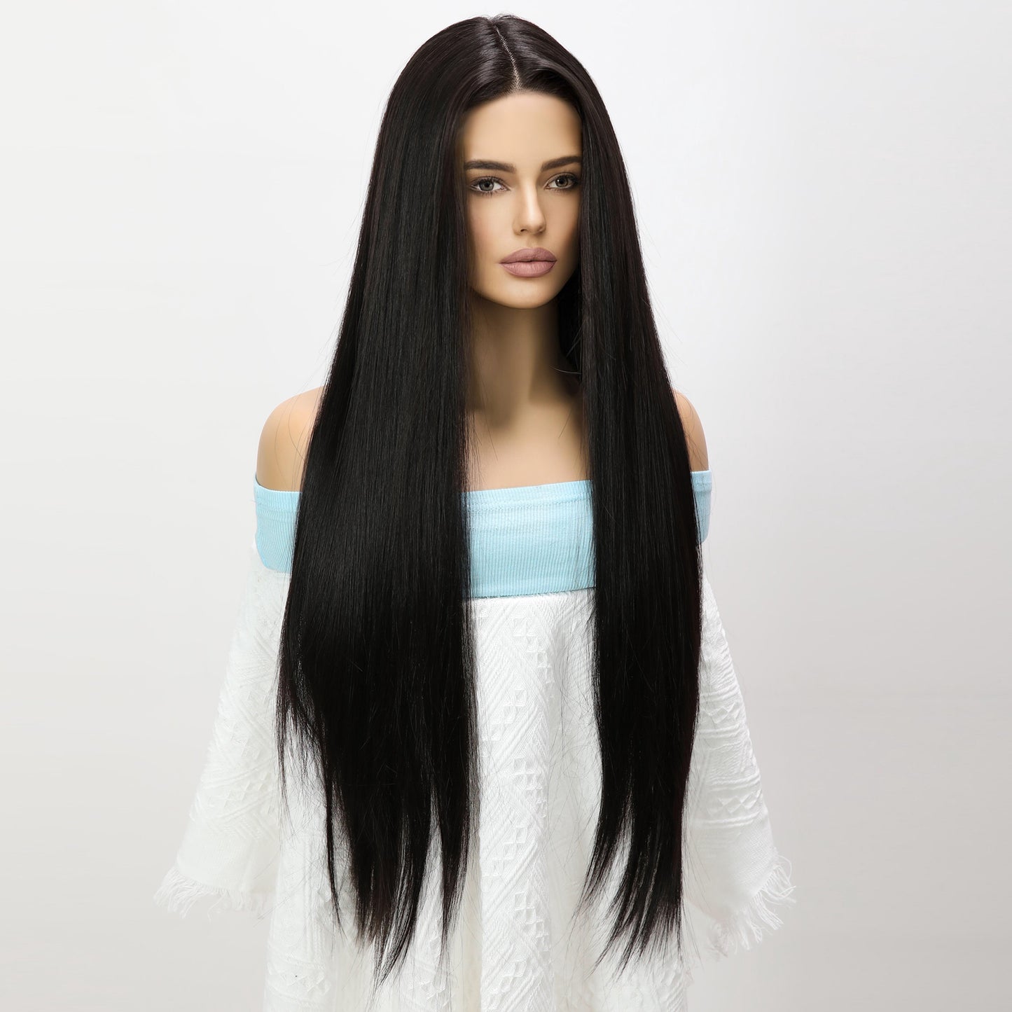 LINA【WA-JLSM9883】 28 inches Lace Front T-Part Jet Black Bone Straight Wig for Women Synthetic Daily or  Party