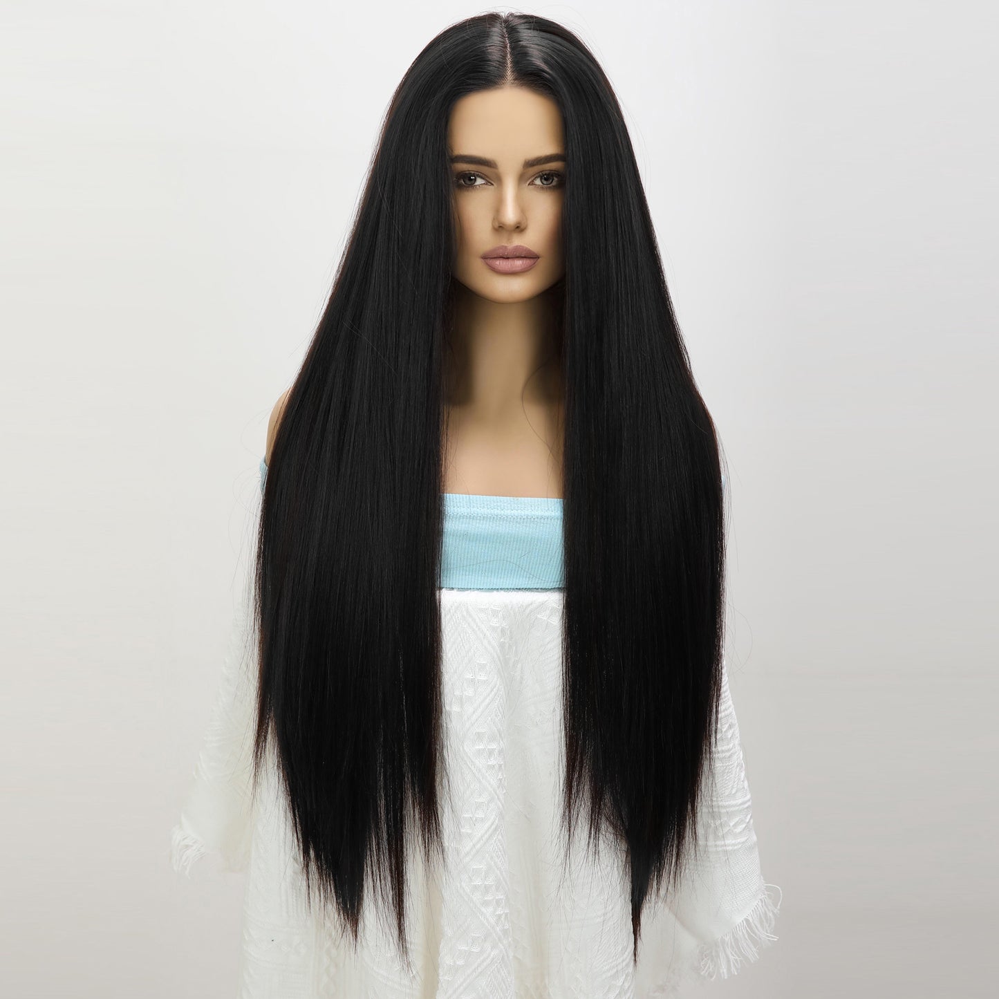 LINA【WA-JLSM9883】 28 inches Lace Front T-Part Jet Black Bone Straight Wig for Women Synthetic Daily or  Party