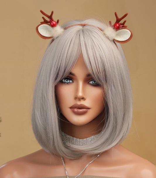 COCO【WA-SS180-2】12inches Short Straight Bob Wigs for Women Synthetic Wig Silver with Bangs for Cosplay Daily Party