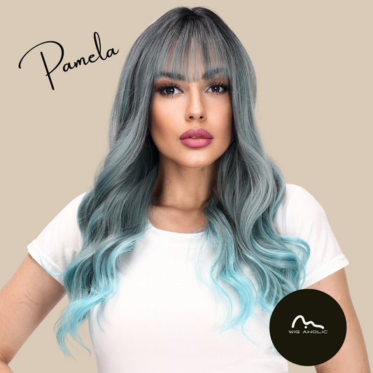 Pamela【WA-JLSM6162】 Hot Sale Gray Blue Gradient Wavy Wig 26 inch Synthetic Trending for Women Daily or Party