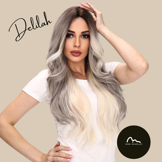 Delilah【WA-SM1622】 28" Gray Blonde Highlight Wavy Middle Part Synthetic Wigs for Daily Use/Party