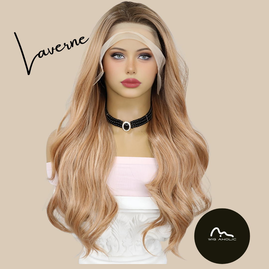 LAVERNE 【WA-SM9712】  Apricot  Blonde with  Highlight Wavy Wig 26 inches Synthetic Lace Frontal Free Parting Daily or Party