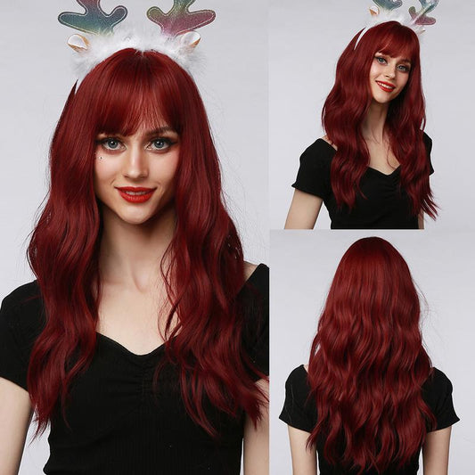 VONICA【WA-SM6105】22 inches Long Wavy Wine Red Wigs With Air Bangs Body Wave Wig Synthetic Full Machine Wig