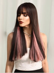 LEAH【WA-XYMW8268-4】 24" Straight Black Pink Highlight Color Wigs for Women, Trendy Wig Synthetic  for Daily Use or Party