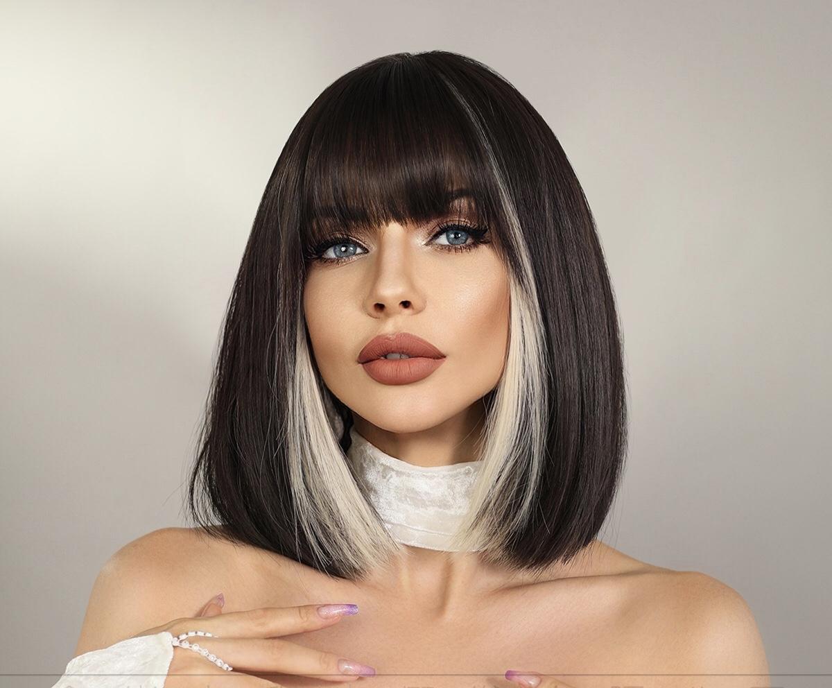 BERNADETTE【WA-XY0339】10inches Black & Blonde Highlight Synthetic Machine-Made Wig Natural Bob Heat Resistant Fiber Hair for Woman