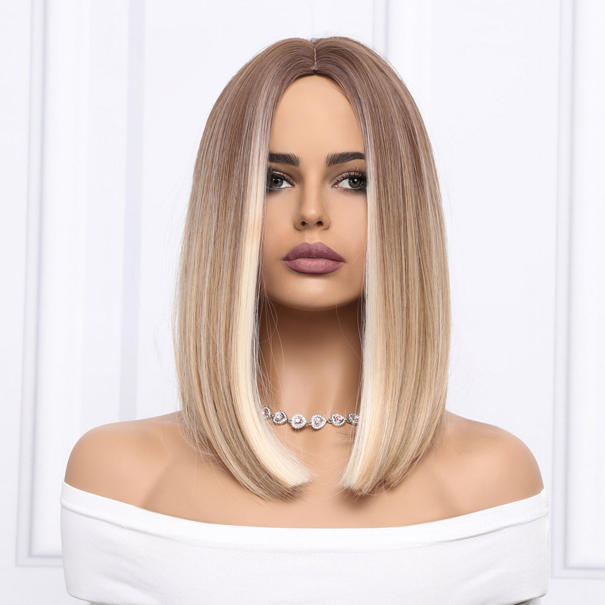 HANNA【WA-SM8037】16inches Straight BOB wigs White Gold Gradient wigs Mixed Brown and Blonde Color  Wigs for Women Highlight Synthetic Wig