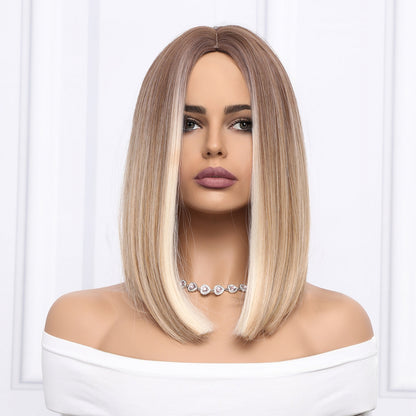 HANNA【WA-SM8037】16inches Straight BOB wigs White Gold Gradient wigs Mixed Brown and Blonde Color  Wigs for Women Highlight Synthetic Wig