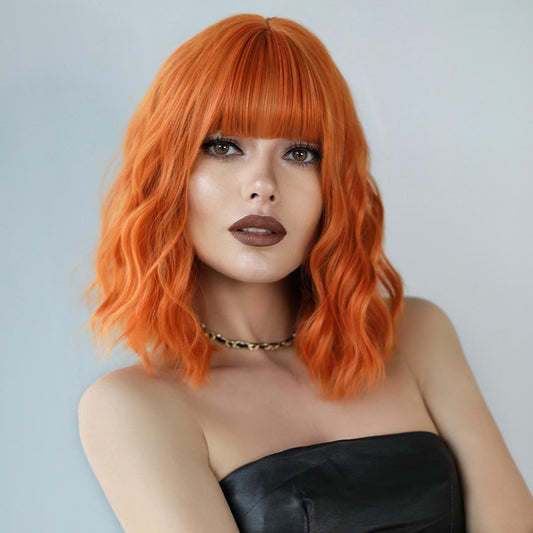 BERON【WA-XY1042-808】14inches Orange Wigs Short Curly Bob Wig with Bangs Wavy Hair Wigs Women's Synthetic Wigs Daily Party Use