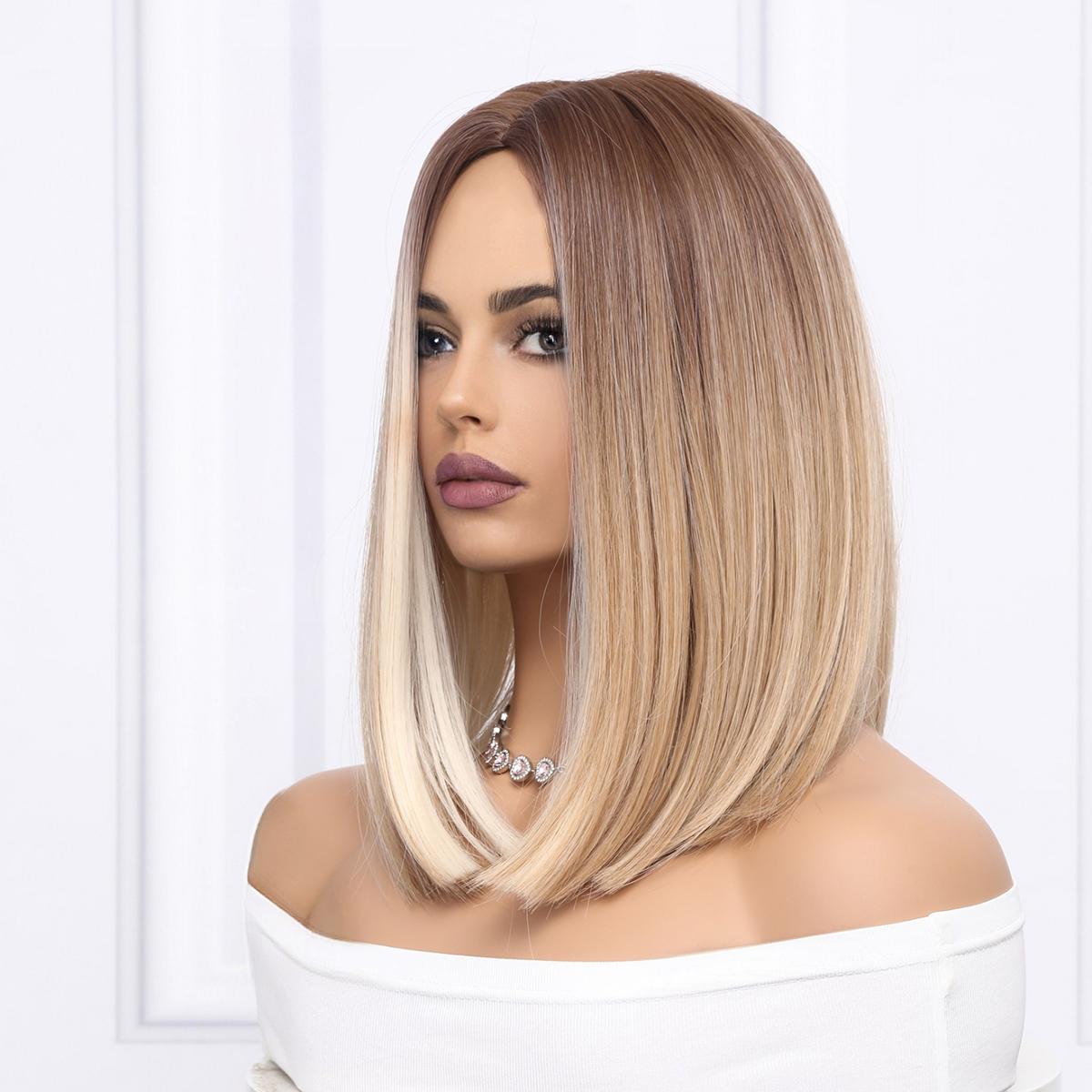 HANNA【WA-SM8037】16inches Straight BOB wigs White Gold Gradient wigs Mixed Brown and Blonde Color  Wigs for Women Highlight Synthetic Wig