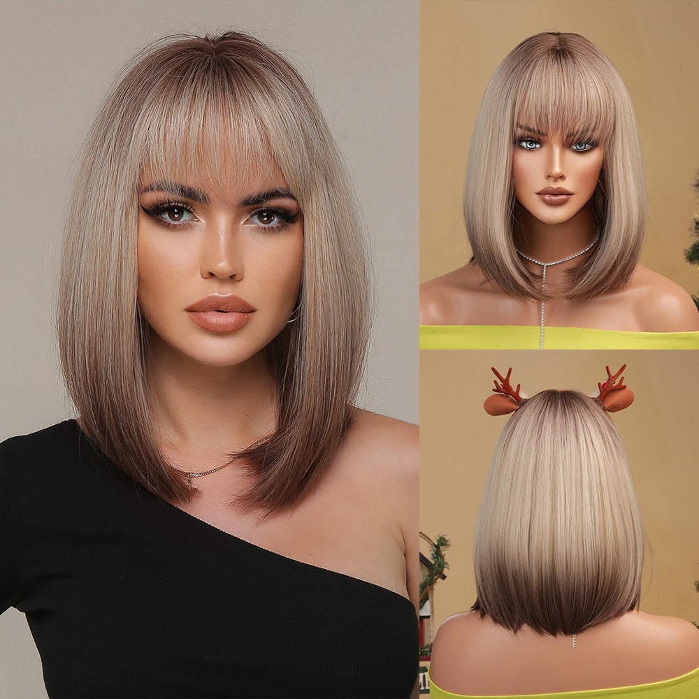 CARA 【WA-LA2067-1】12inches BOB Wigs  White Brown Gradient Hair Wig Full Machine Glueless Christmas Vibe Party Daily