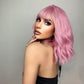 ELLA【WA-WATER007】14 Inches Pink Wig with Air Bangs, Short Pastel Curly Wavy Heat Resistant Synthetic Women's Bob Wig,Cosplay Party Shoulder Length Wigs for Girls,Daily Use Natural Looking Curly Colored Wig