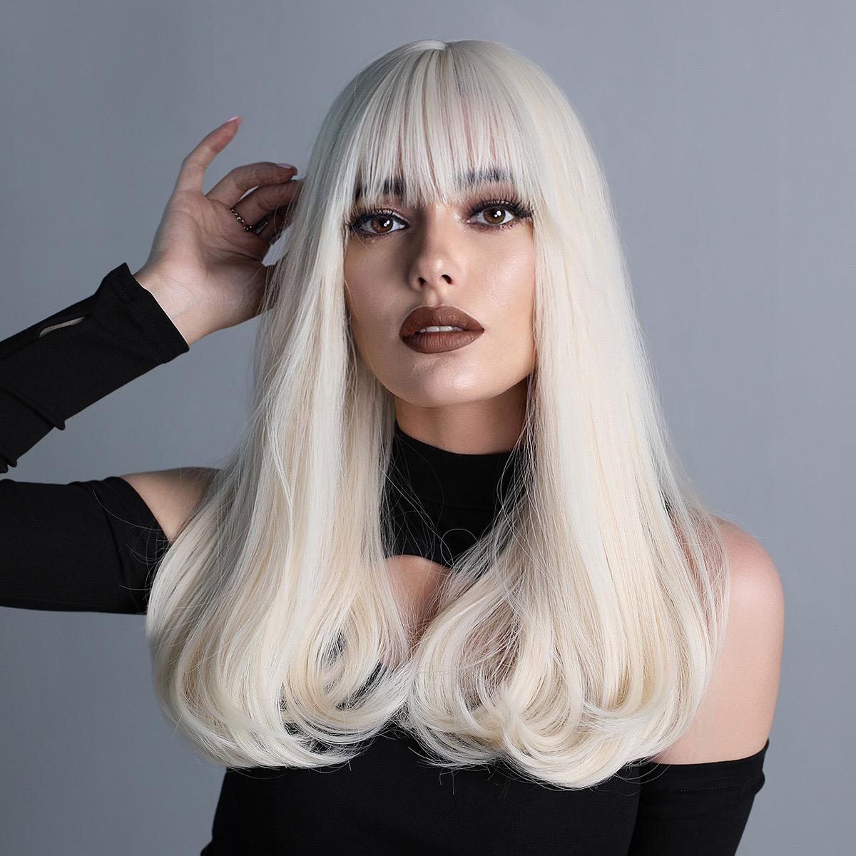 MEGAN【WA-XY8267】22inches Women's Long Curly Body Wavy Heat Resistant Blonde with bangs Wig Synthetic Full Hair Wig for Women Daily Party