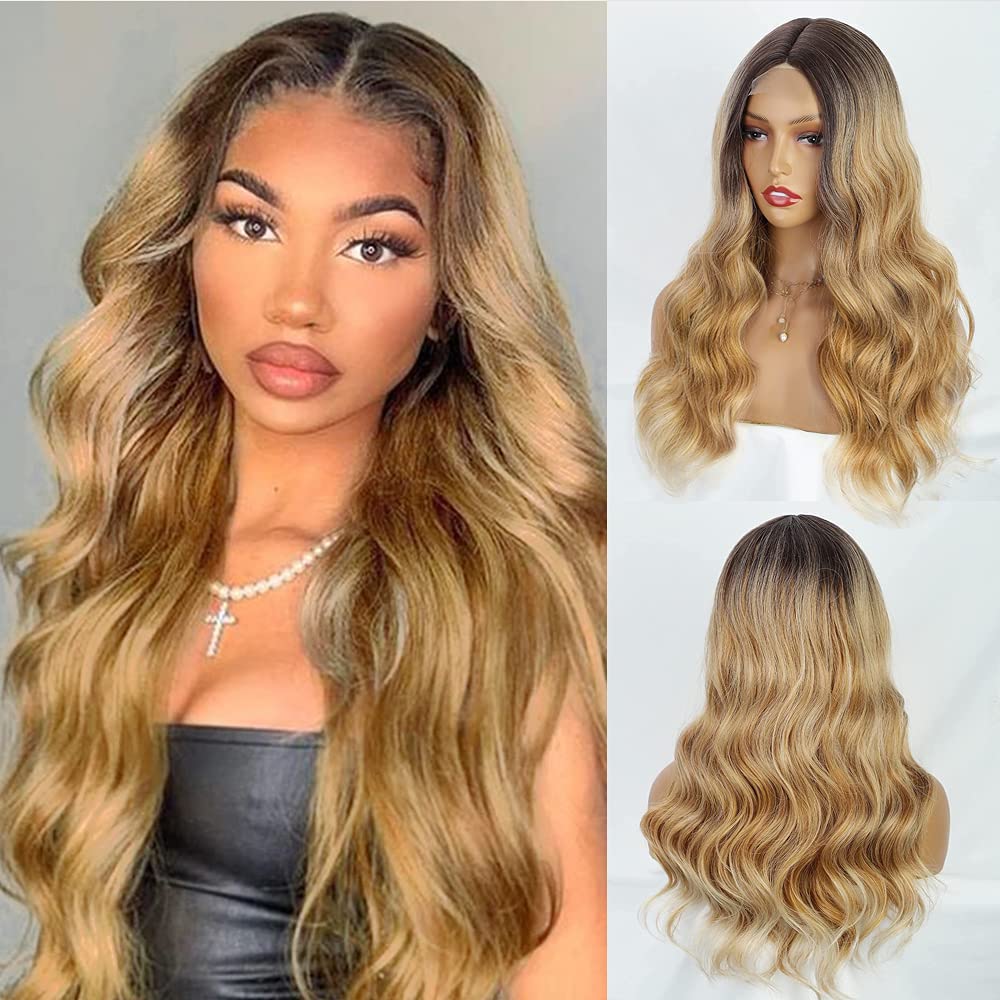 OMBRE【WA-NYL2311】24inches Mixed Blonde Wig Long Body Wavy Wigs for Women Synthetic Middle Part Wig Long Heat Resistant  for Daily & Party Use