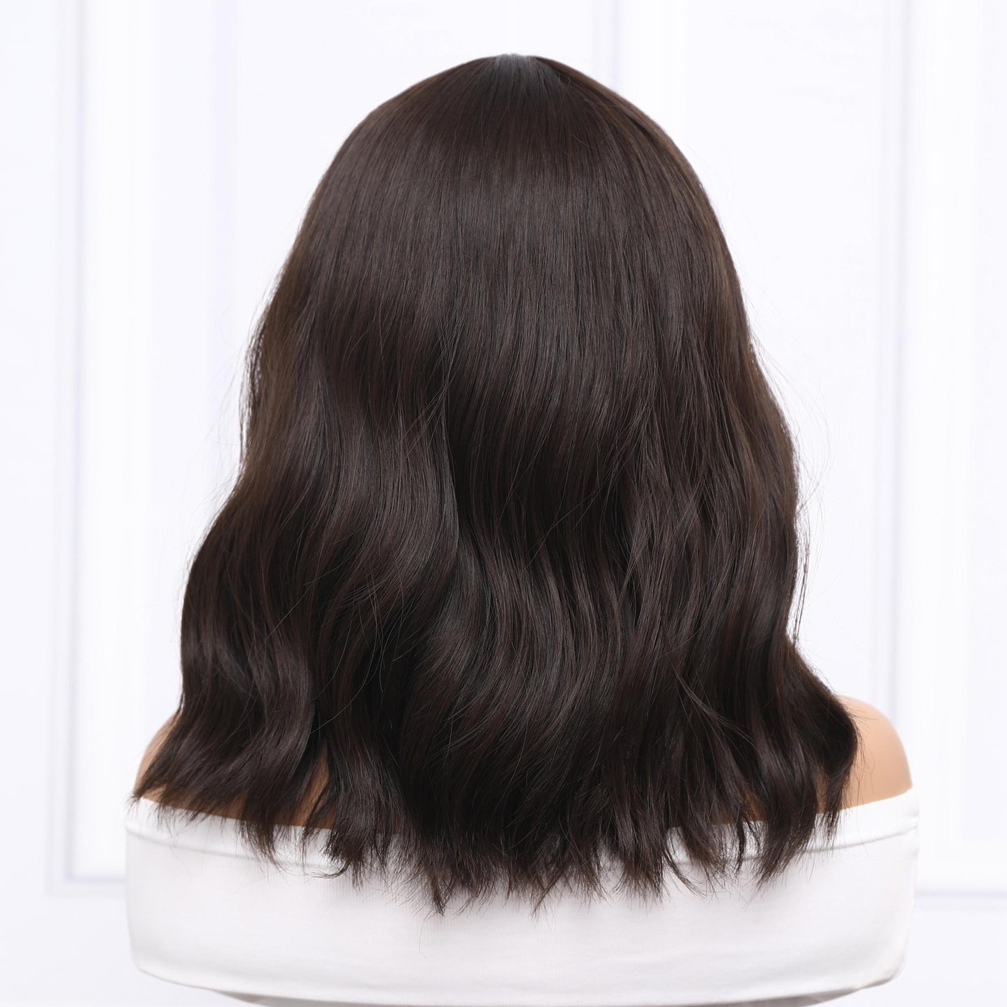 VIKA【 WA-SM210-4】16inches Dark Brown Curly Bob Wigs Short Wavy Bob Wig with Bangs Women's Shoulder Length Wigs Natural Looking Synthetic Cosplay