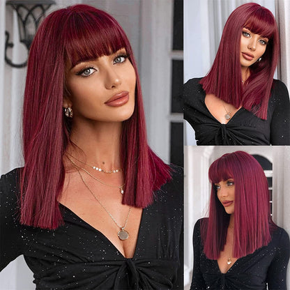 ANITA【WA-SM477】18inches Red Wine  Wig with Bangs,Straight Shoulder Length Wigs , Synthetic Heat Resistant  Party Costume Cosplay Wig for Women Girls Daily Wear Colorful Wigs