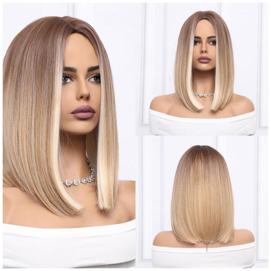 HANNA【WA-SM8037】16inches Straight BOB wigs White Gold Gradient wigs Mixed Brown and Blonde Color  Wigs for Women Highlight Synthetic Wig