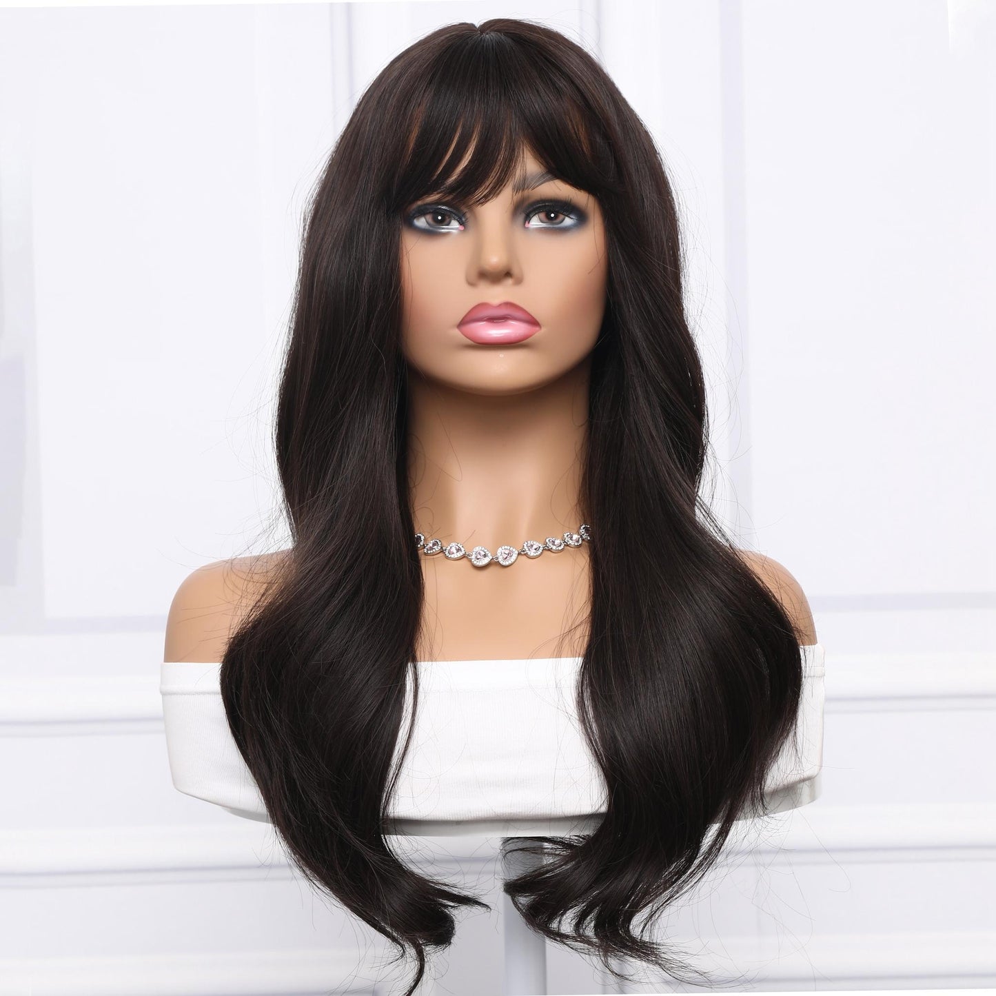 ANDRIA【WA-LA226-2】24 inches Synthetic Brown Wig With Bangs Natural Wave Wigs with Bangs Honey Brown Wigs Daily