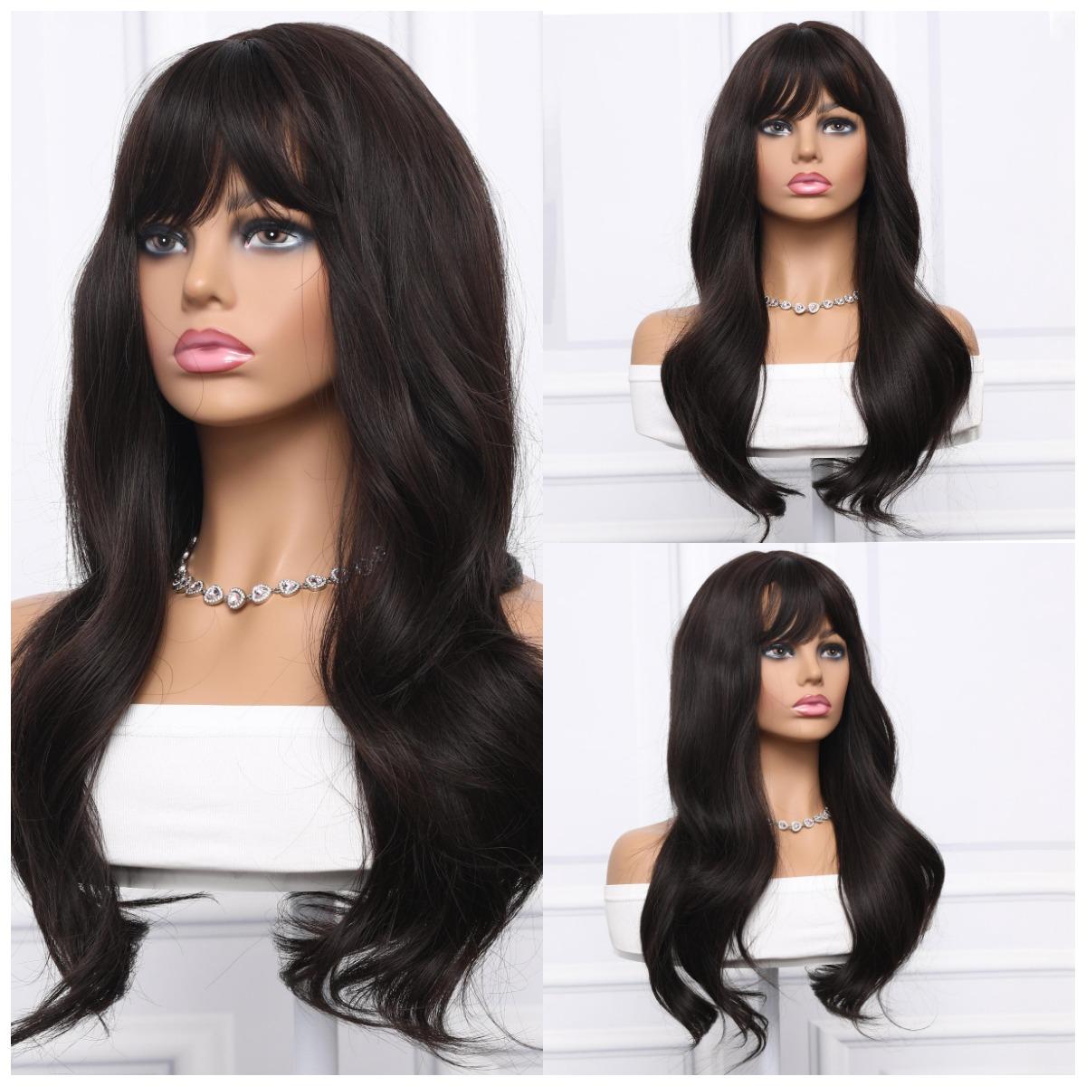 ANDRIA【WA-LA226-2】24 inches Synthetic Brown Wig With Bangs Natural Wave Wigs with Bangs Honey Brown Wigs Daily