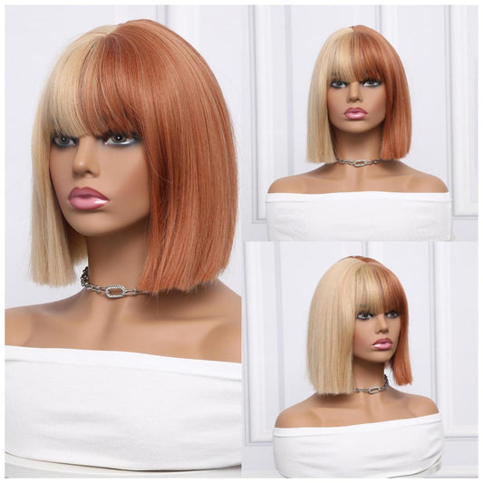 SALLY【WA-SM6164】12inches Short Straight Bob Wigs for Women Synthetic Wig dual color with Bangs for Cosplay Daily Party