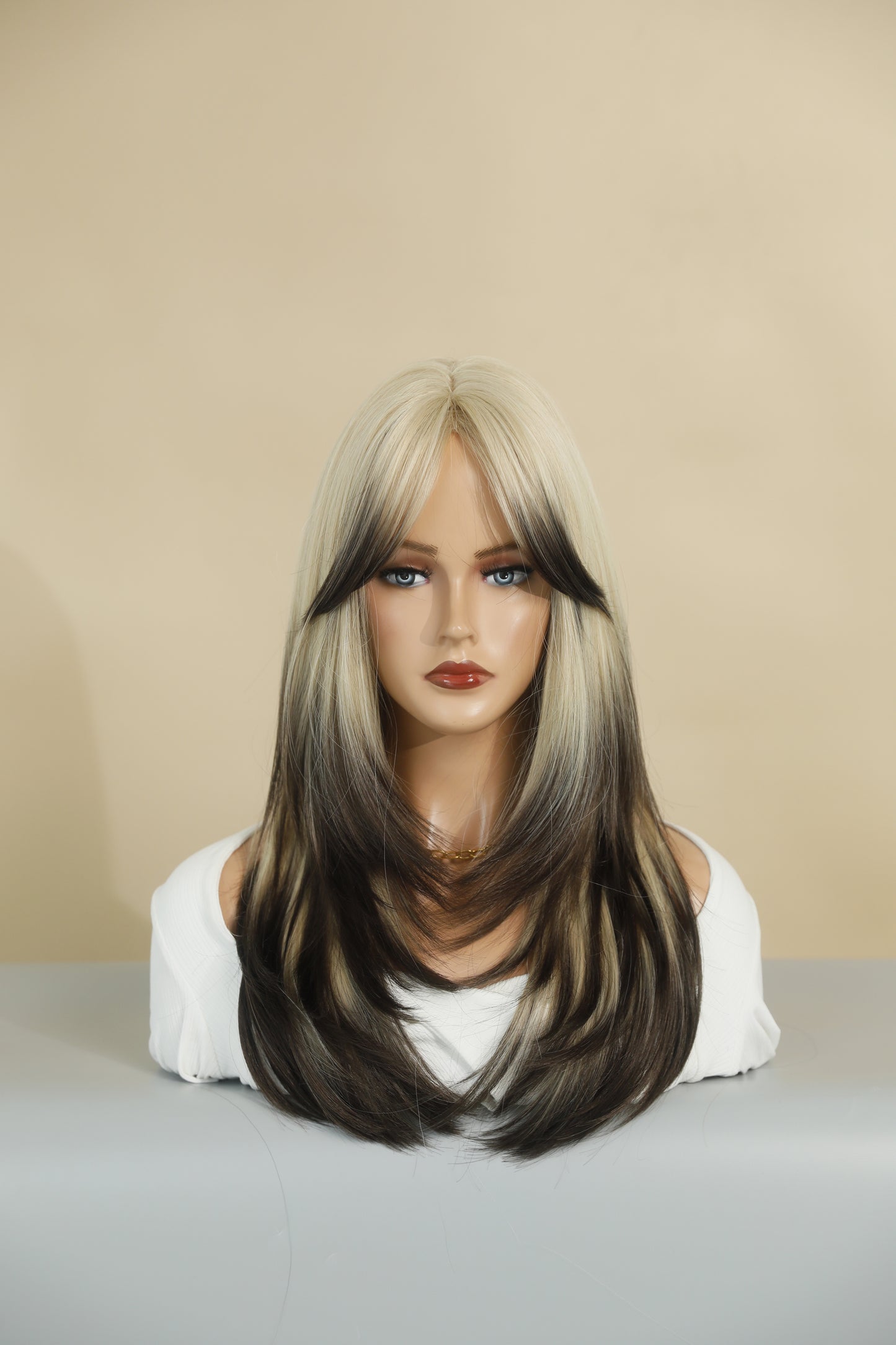 PORTIA【WA-XY9039】25inches Ombre Blonde Brown Wigs Synthetic High Temperature Resistant Straight with bangs  Wig Daily or Party