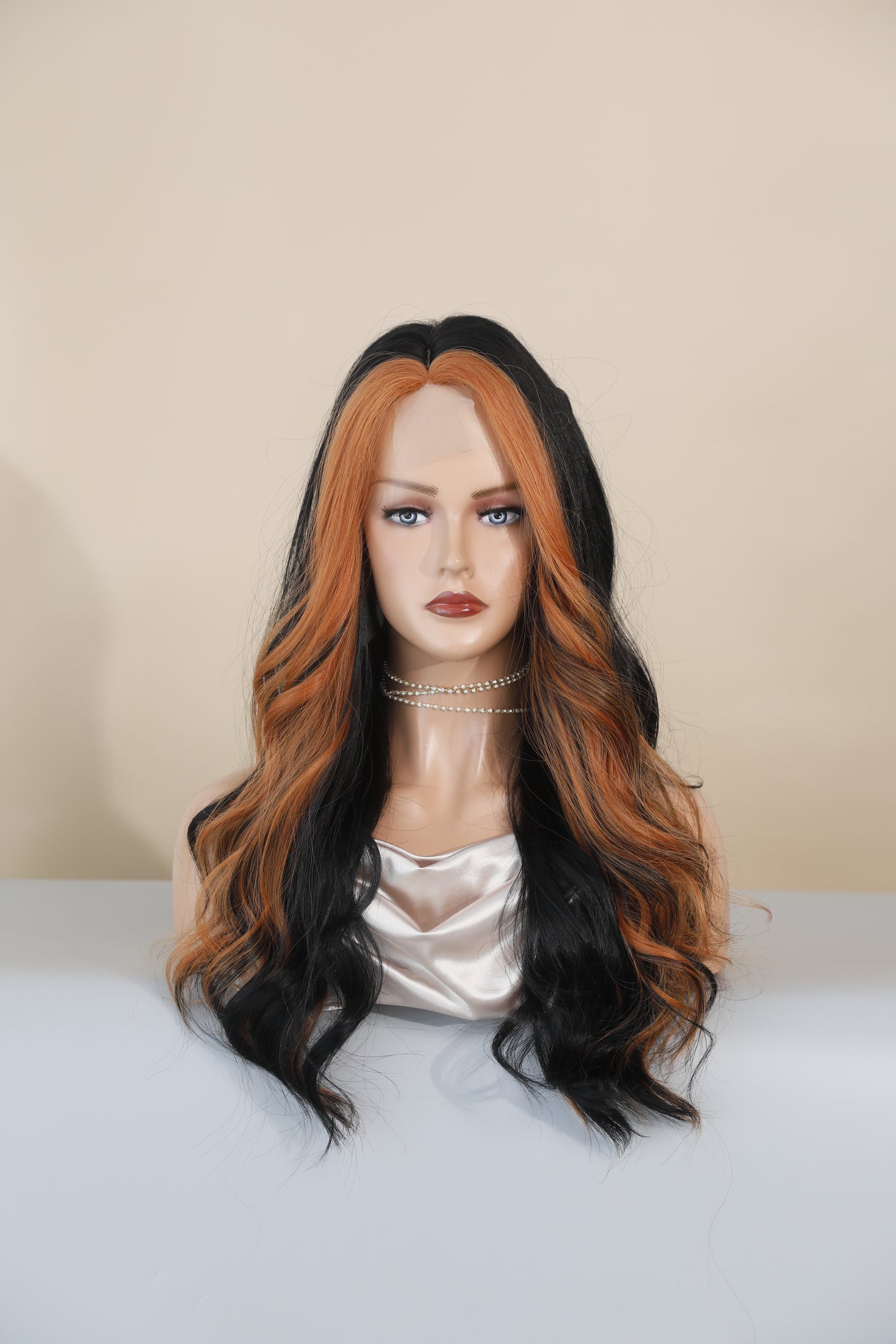 KAYLANI【WA-XY9066】22inches Long Wavy Wigs  Black Orange/Pink Highlight  Middle Part Body Wave Wig Party or Daily