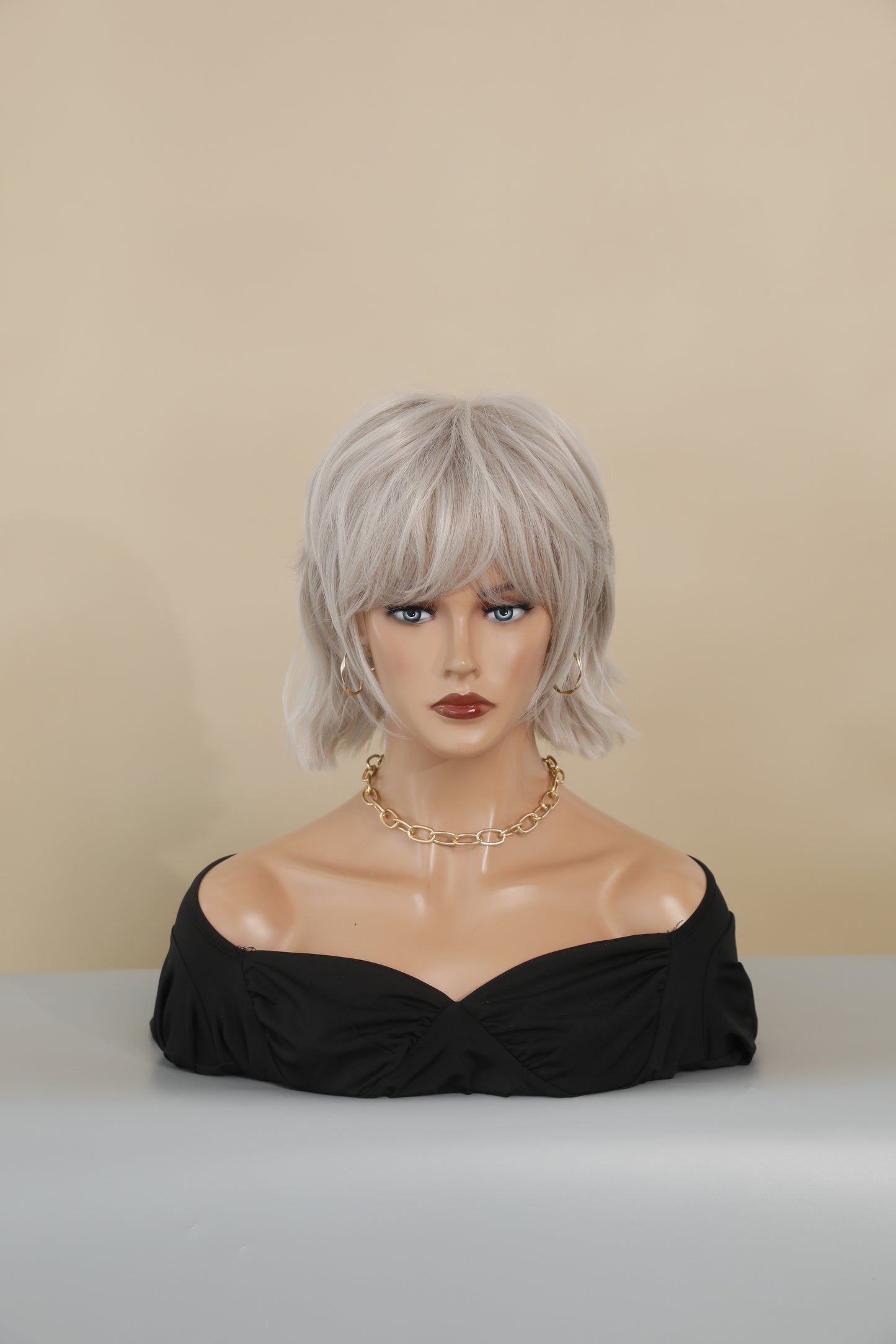 LUCILLE【WA-XY1049】12inches Silver Wigs Short Curly Bob Wig with Bangs Women's Synthetic Wigs Daily Party Use