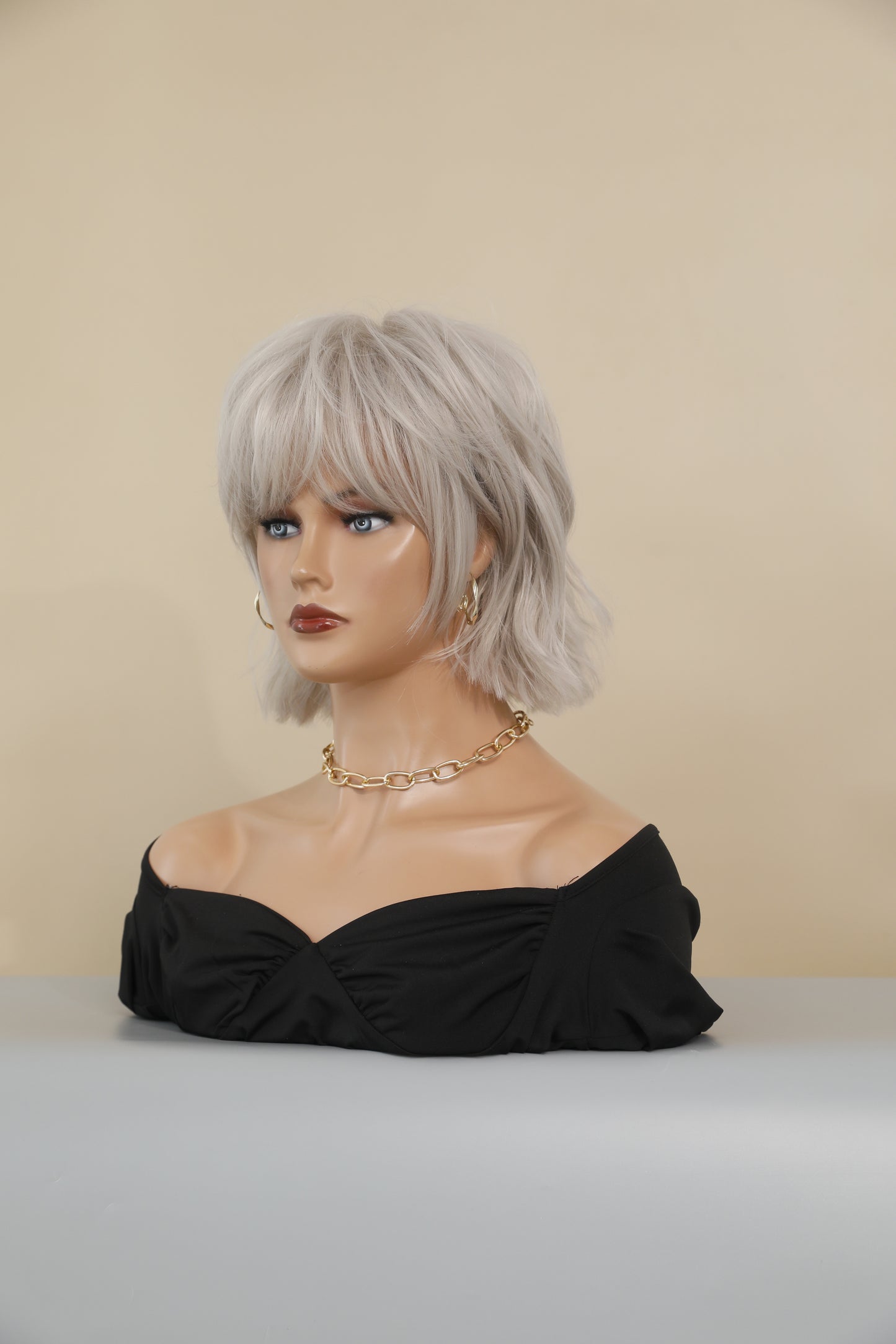 LUCILLE【WA-XY1049】12inches Silver Wigs Short Curly Bob Wig with Bangs Women's Synthetic Wigs Daily Party Use