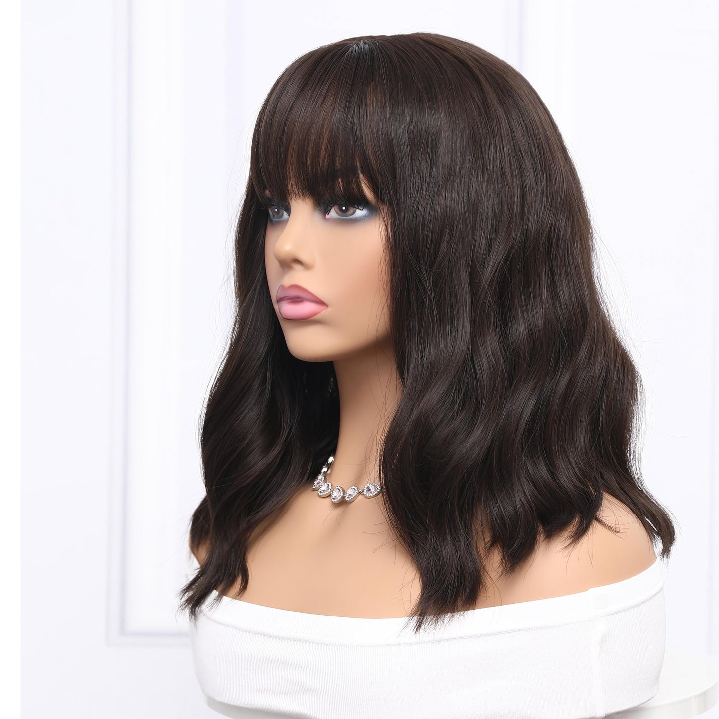 VIKA【 WA-SM210-4】16inches Dark Brown Curly Bob Wigs Short Wavy Bob Wig with Bangs Women's Shoulder Length Wigs Natural Looking Synthetic Cosplay