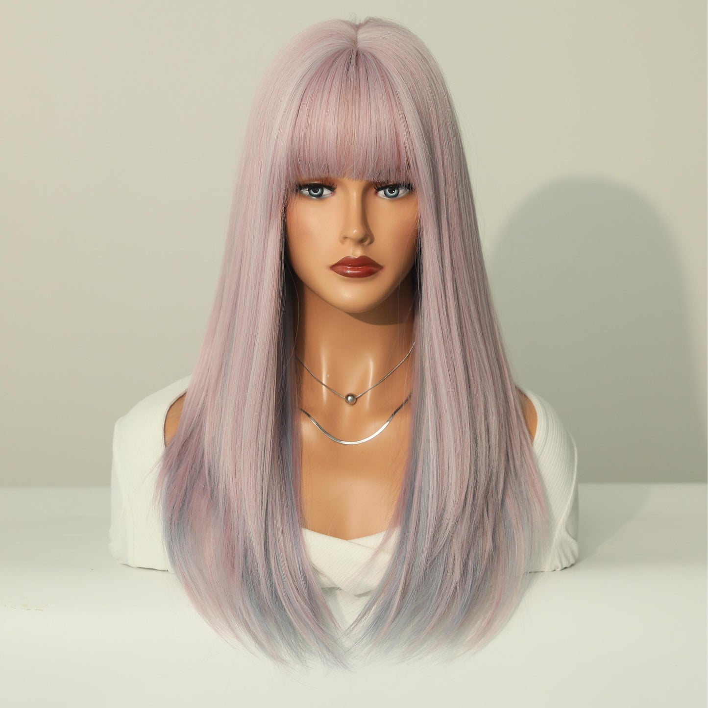 TARA【 WA-XY0345】24inches Long Straight Synthetic Hair Wigs Light Purple and Pink Heat Resistant Fiber Hair Full Machine Wig with Bangs For Fashion Women(24 Inches)
