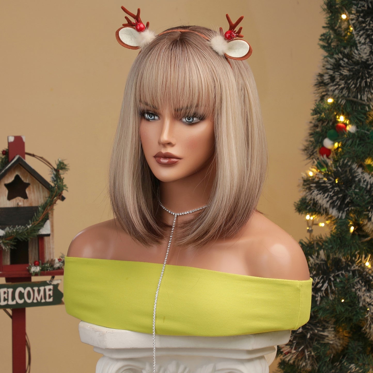 CARA 【WA-LA2067-1】12inches BOB Wigs  White Brown Gradient Hair Wig Full Machine Glueless Christmas Vibe Party Daily