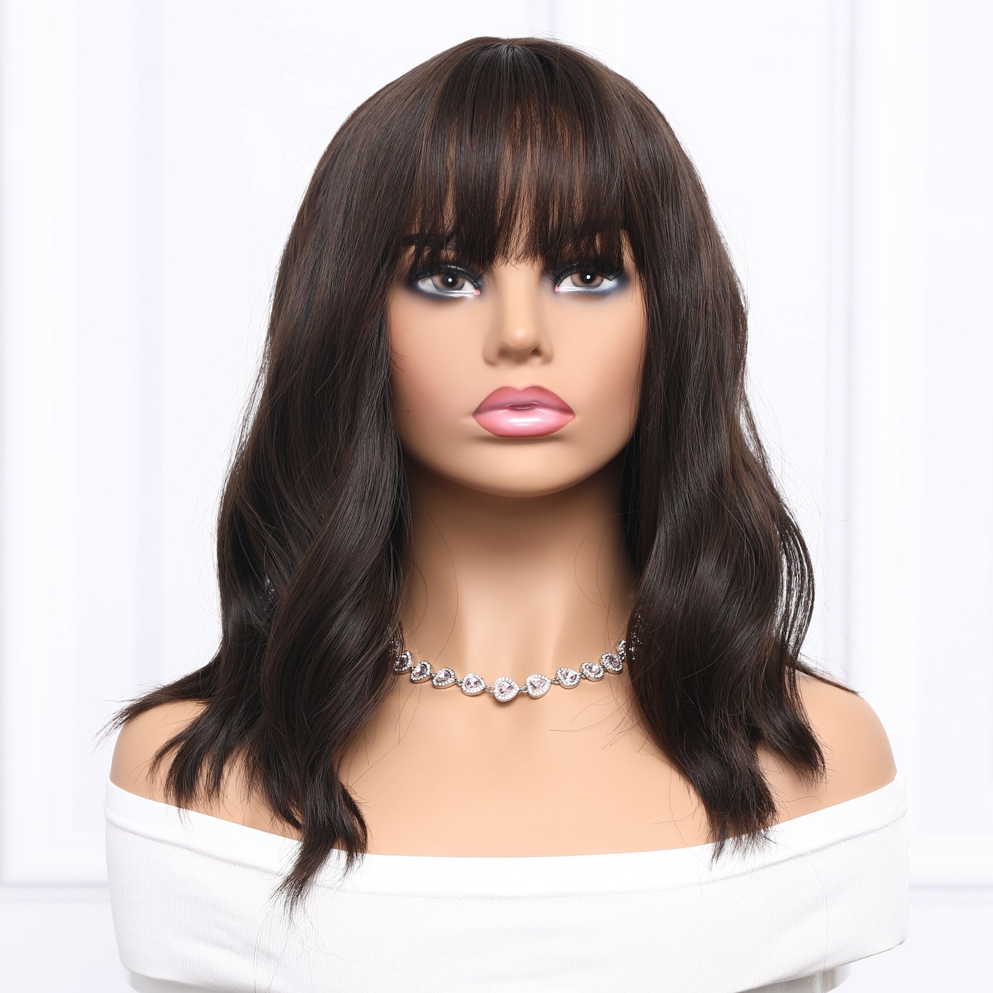 VIKA【 WA-SM210-4】16inches Dark Brown Curly Bob Wigs Short Wavy Bob Wig with Bangs Women's Shoulder Length Wigs Natural Looking Synthetic Cosplay