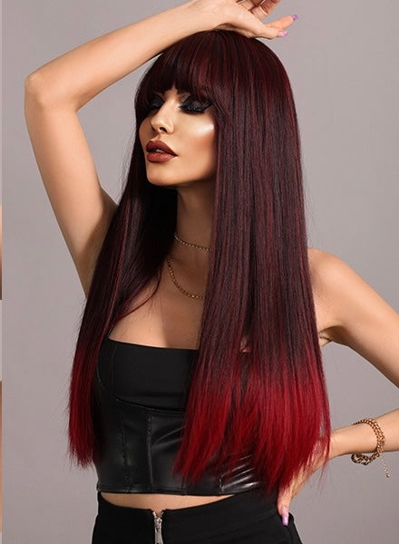 EUDORA【WA-XY9053】24inches Gradient Black Red Synthetic Machine-Made Wig Natural Straight  Machine Made Heat Resistant Fiber Hair Daily or Party