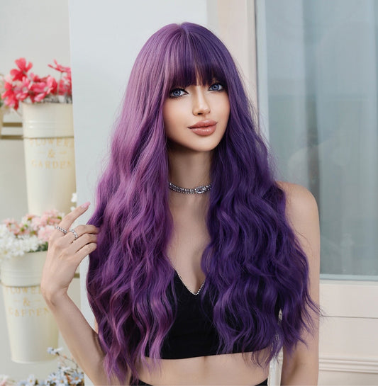 MARIA【WA-XY9064】26inches Purple Split color Synthetic Machine-Made Wig Natural Body Wave Machine Made Heat Resistant Fiber Hair for Woman