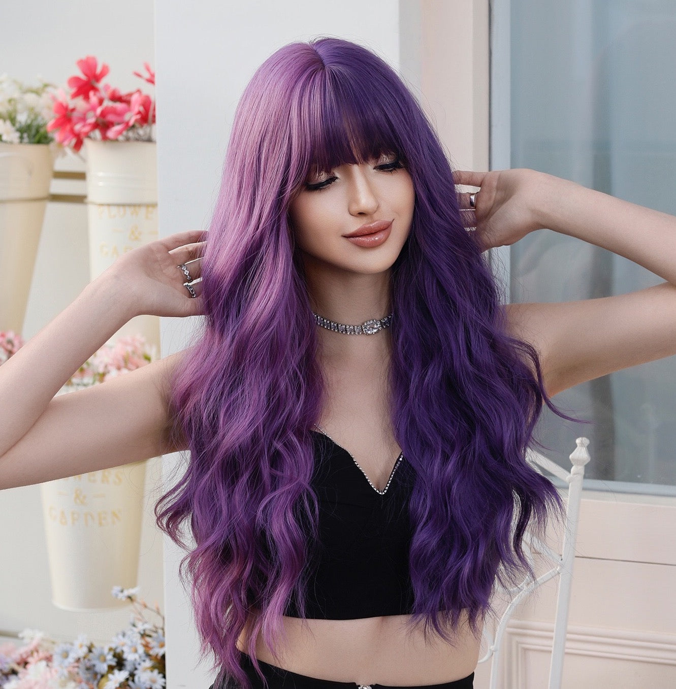 MARIA【WA-XY9064】26inches Purple Split color Synthetic Machine-Made Wig Natural Body Wave Machine Made Heat Resistant Fiber Hair for Woman