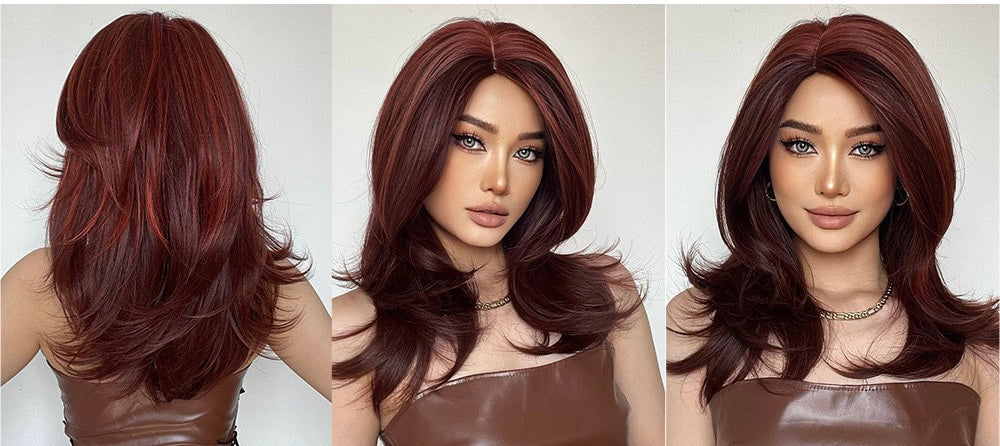 DORIS【WA-LALC1002-2】 Dark Red Highlight  Wolf Cut Wig 22 inch Synthetic Slight Curly Wigs for Women Daily or Party