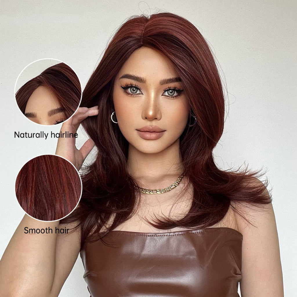 DORIS【WA-LALC1002-2】 Dark Red Highlight  Wolf Cut Wig 22 inch Synthetic Slight Curly Wigs for Women Daily or Party