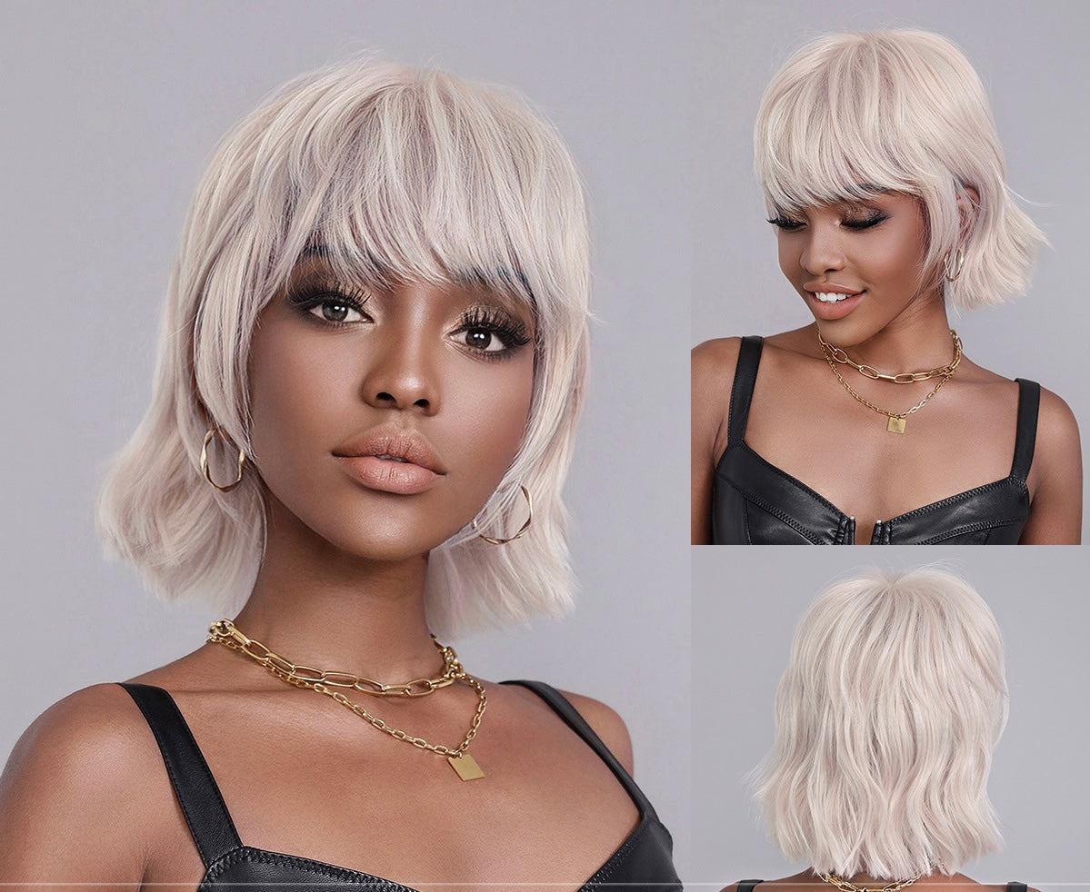 LUCILLE【WA-XY1049】12inches Silver Wigs Short Curly Bob Wig with Bangs Women's Synthetic Wigs Daily Party Use