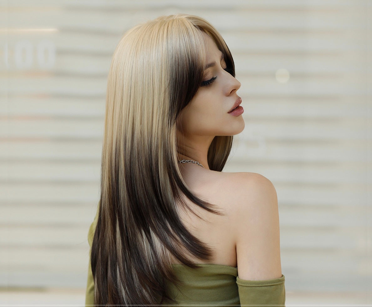 PORTIA【WA-XY9039】25inches Ombre Blonde Brown Wigs Synthetic High Temperature Resistant Straight with bangs  Wig Daily or Party