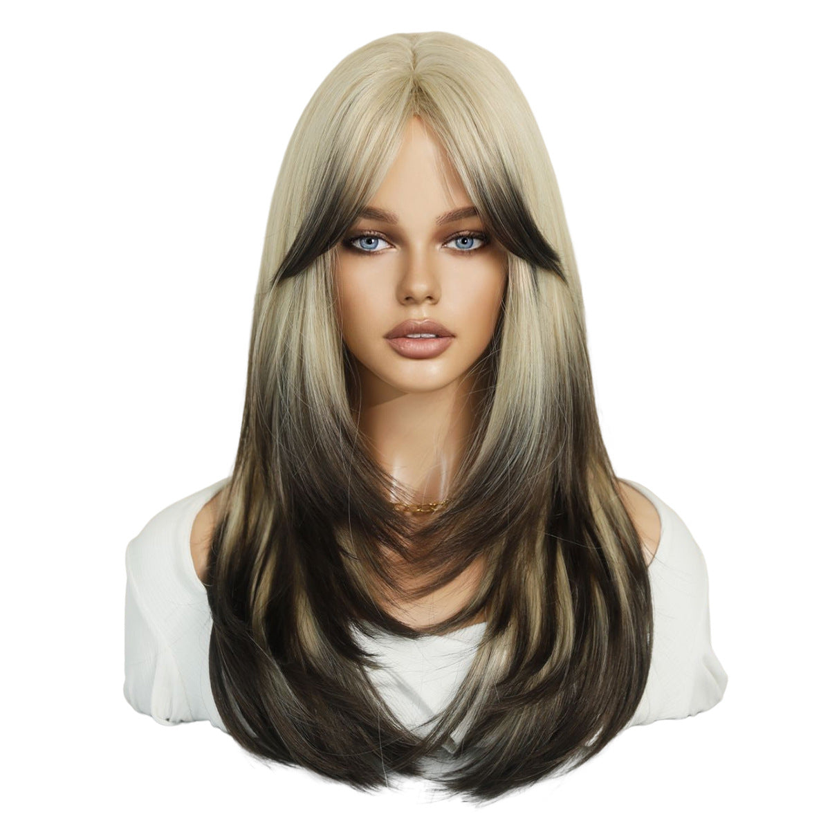 PORTIA【WA-XY9039】25inches Ombre Blonde Brown Wigs Synthetic High Temperature Resistant Straight with bangs  Wig Daily or Party