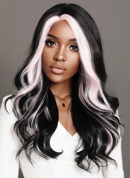 KAYLANI【WA-XY9066】22inches Long Wavy Wigs  Black Orange/Pink Highlight  Middle Part Body Wave Wig Party or Daily