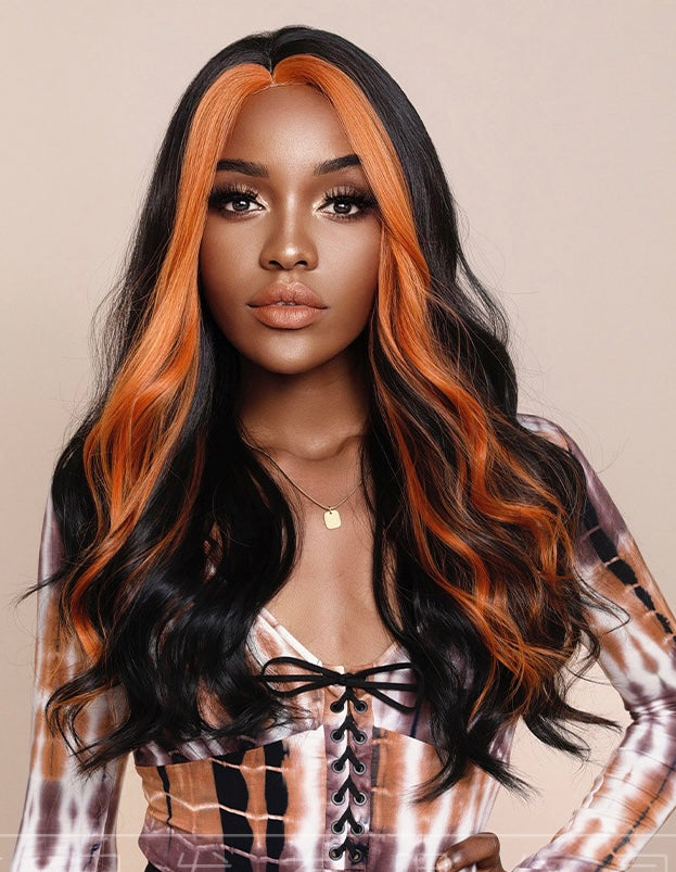 KAYLANI【WA-XY9066】22inches Long Wavy Wigs  Black Orange/Pink Highlight  Middle Part Body Wave Wig Party or Daily