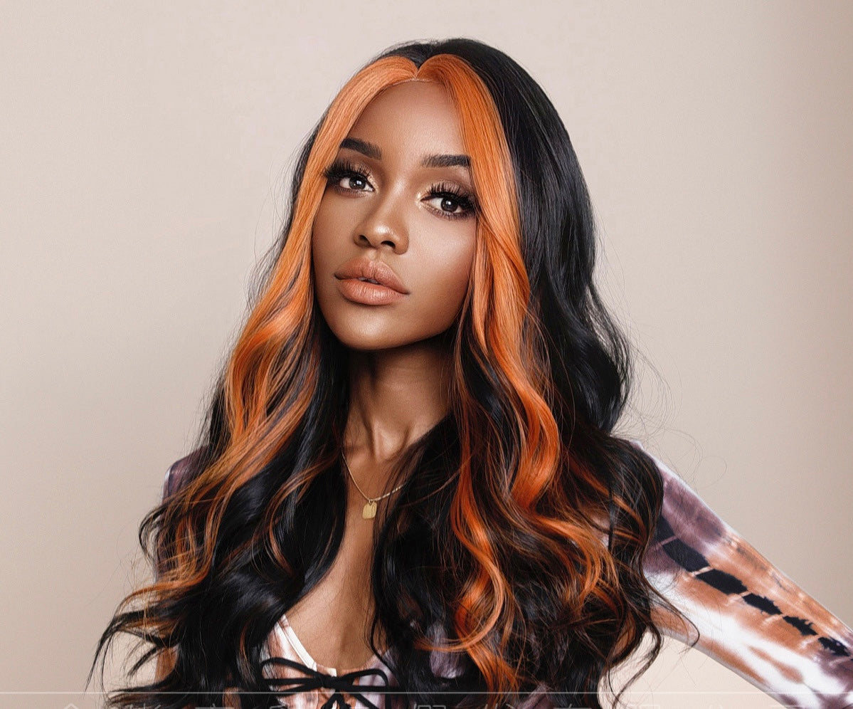 KAYLANI【WA-XY9066】22inches Long Wavy Wigs  Black Orange/Pink Highlight  Middle Part Body Wave Wig Party or Daily