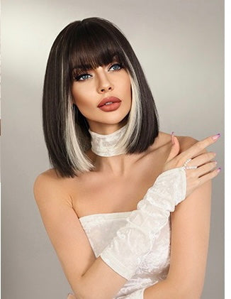 BERNADETTE【WA-XY0339】10inches Black & Blonde Highlight Synthetic Machine-Made Wig Natural Bob Heat Resistant Fiber Hair for Woman