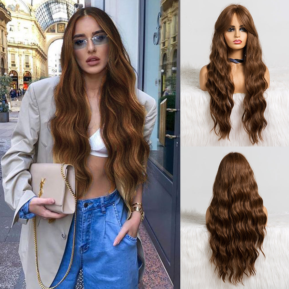 PENNY【WA-LALC357-1】24inches Dark Honey Brown Wig  Natural Body Wave Synthetic Heat-resistance Daily or Party